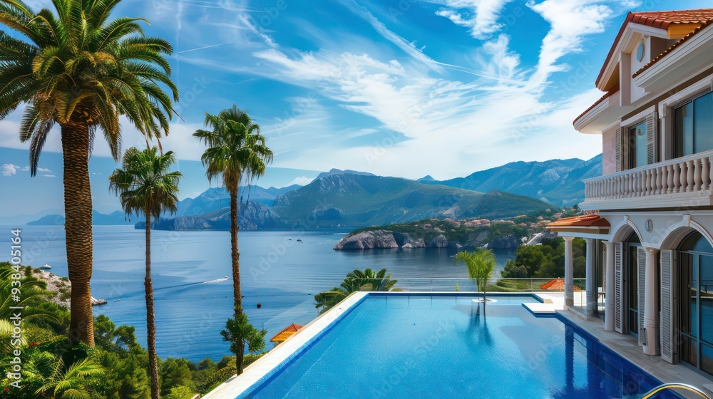 Fototapeta premium A modern villa with an infinity pool overlooking a bay with lush mountains in the distance.