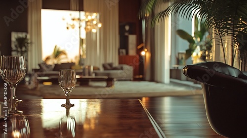 Two Wine Glasses on a Wooden Table in a Luxurious Living Room