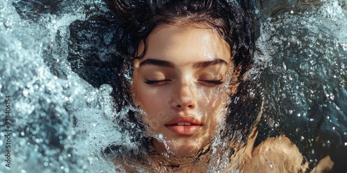 A woman's body surrounded by a cascade of flowing water, symbolizing the cleansing and rejuvenating power of nature.