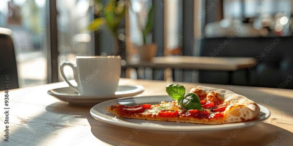 A modern setting for a laid-back lunch featuring a slice of pizza and coffee. A modern setting for a laid-back lunch featuring a slice of pizza and coffee.