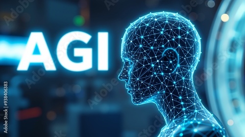 Human head with glowing blue data lines and dots. Word 