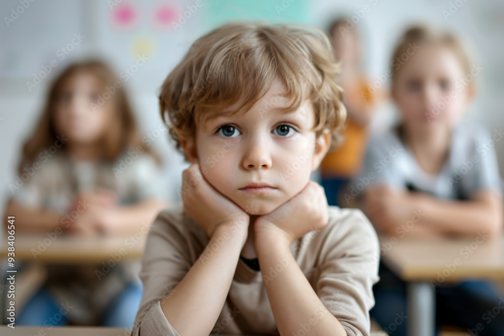 Education, learning, back to school transition, readjustment after holidays concept. Portrait of little shy boy sitting at desk in classroom at an elementary school Education, learning, back to school transition, readjustment after holidays concept. Portrait of little shy boy sitting at desk in classroom at an elementary school