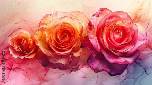 Beautiful Watercolor Bouquet of Rose (Rosa) Flowers Depicted in Pastel Shades of Alcohol and Ink.