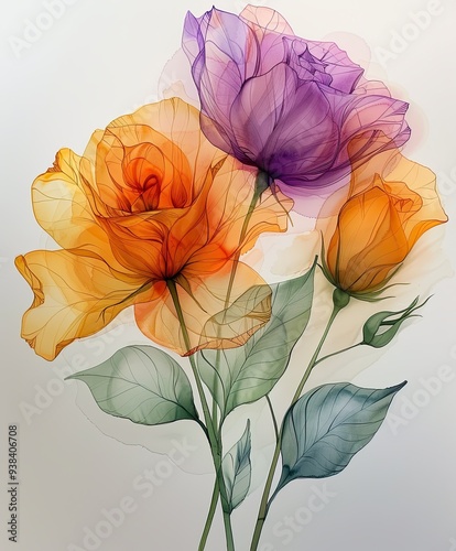 Beautiful Watercolor Bouquet of Rose (Rosa) Flowers Depicted in Pastel Shades of Alcohol and Ink.
