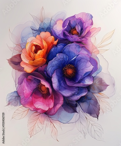 Beautiful Watercolor Bouquet of Rose (Rosa) Flowers Depicted in Pastel Shades of Alcohol and Ink.
