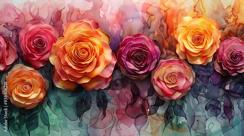 Beautiful Watercolor Bouquet of Rose (Rosa) Flowers Depicted in Pastel Shades of Alcohol and Ink.