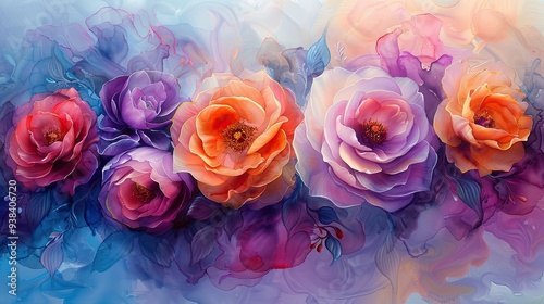 Beautiful Watercolor Bouquet of Rose (Rosa) Flowers Depicted in Pastel Shades of Alcohol and Ink.