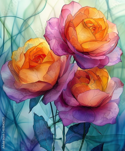 Beautiful Watercolor Bouquet of Rose (Rosa) Flowers Depicted in Pastel Shades of Alcohol and Ink.