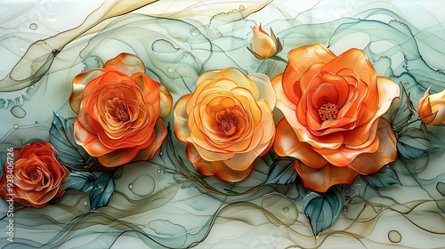 Beautiful Watercolor Bouquet of Rose (Rosa) Flowers Depicted in Pastel Shades of Alcohol and Ink.