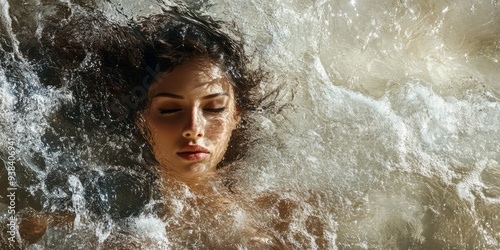 A woman's body surrounded by a cascade of flowing water, symbolizing the cleansing and rejuvenating power of nature. photo