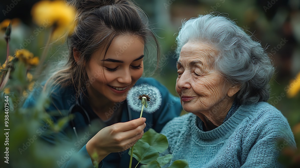 Female caregiver and senior woman in wheelchair holding dandelion, picking wild flowers. Nurse and elderly woman enjoying a warm day in nursing home, public park. Female caregiver and senior woman in wheelchair holding dandelion, picking wild flowers. Nurse and elderly woman enjoying a warm day in nursing home, public park.