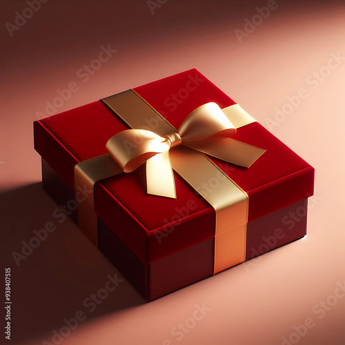 Luxurious red gift box with golden ribbon. Elegant red gift box with bow.
