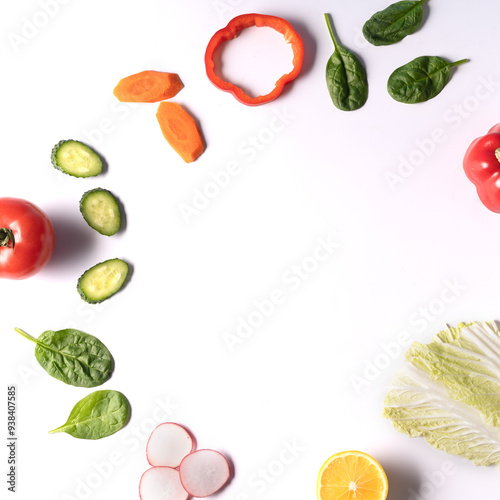 Flat lay different vegetables on white background, copy space. Food concept.