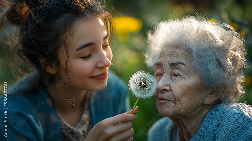 Fototapeta premium Female caregiver and senior woman in wheelchair holding dandelion, picking wild flowers. Nurse and elderly woman enjoying a warm day in nursing home, public park. 