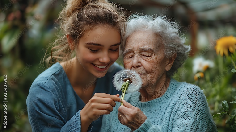 Female caregiver and senior woman in wheelchair holding dandelion, picking wild flowers. Nurse and elderly woman enjoying a warm day in nursing home, public park. Female caregiver and senior woman in wheelchair holding dandelion, picking wild flowers. Nurse and elderly woman enjoying a warm day in nursing home, public park.
