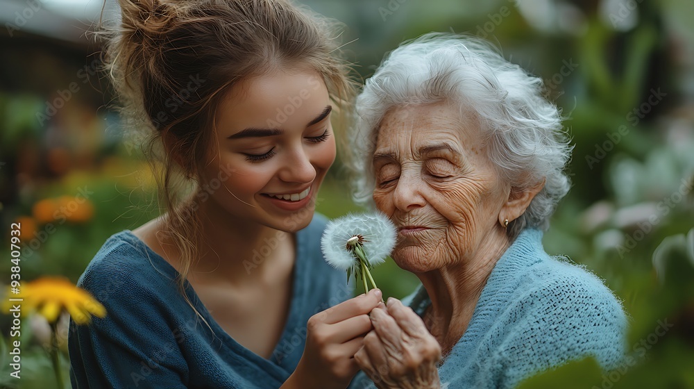 Female caregiver and senior woman in wheelchair holding dandelion, picking wild flowers. Nurse and elderly woman enjoying a warm day in nursing home, public park. Female caregiver and senior woman in wheelchair holding dandelion, picking wild flowers. Nurse and elderly woman enjoying a warm day in nursing home, public park.