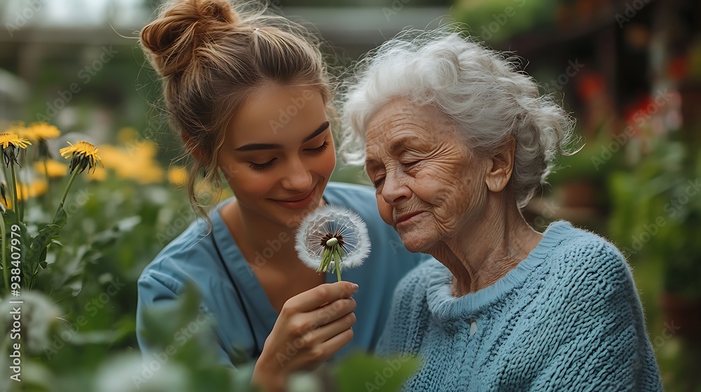 Fototapeta premium Female caregiver and senior woman in wheelchair holding dandelion, picking wild flowers. Nurse and elderly woman enjoying a warm day in nursing home, public park. 