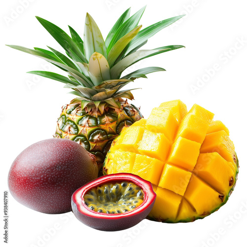 Assortment of Fresh Tropical Fruits on White Background
