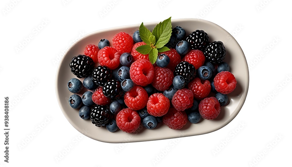 A plate of mixed berry medley (blueberries, raspberries, blackberries) isolated on transparent background, antioxidant-rich food, top view. A plate of mixed berry medley (blueberries, raspberries, blackberries) isolated on transparent background, antioxidant-rich food, top view.