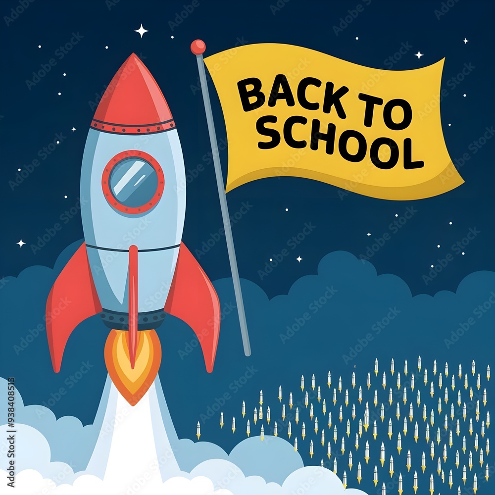 Space rocket, with a flag, with the words Back to School.