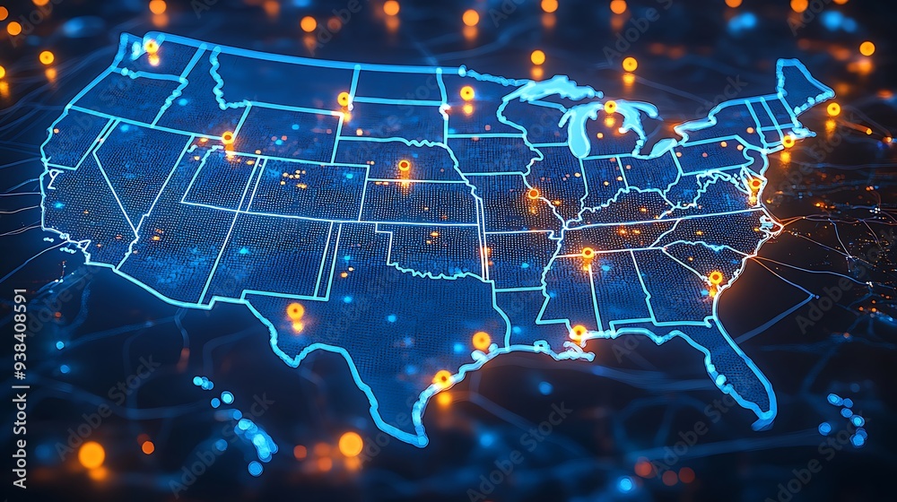 A high-tech, illuminated 3D map of the United States, showcasing various pinpoint locations across the country. The map is vibrant with blue lights highlighting the states' boundaries A high-tech, illuminated 3D map of the United States, showcasing various pinpoint locations across the country. The map is vibrant with blue lights highlighting the states' boundaries