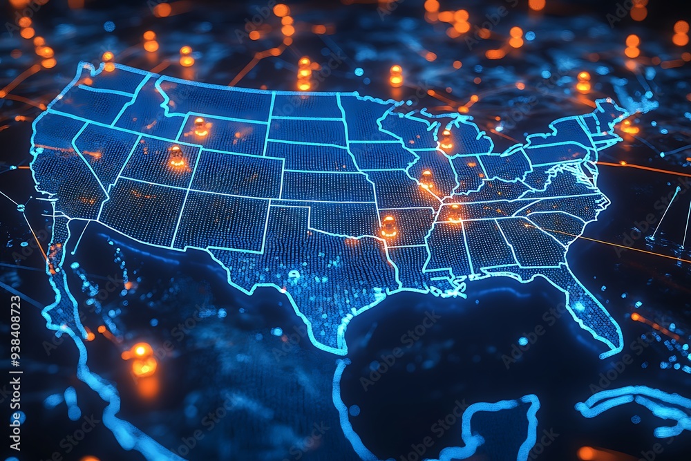 Fototapeta premium A high-tech, illuminated 3D map of the United States, showcasing various pinpoint locations across the country. The map is vibrant with blue lights highlighting the states' boundaries 