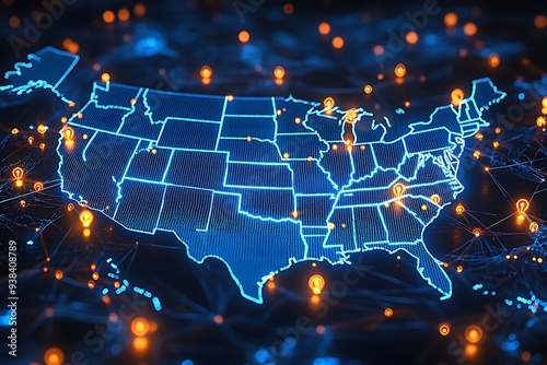  A high-tech, illuminated 3D map of the United States, showcasing various pinpoint locations across the country. The map is vibrant with blue lights highlighting the states' boundaries  photo