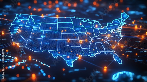  A high-tech, illuminated 3D map of the United States, showcasing various pinpoint locations across the country. The map is vibrant with blue lights highlighting the states' boundaries 