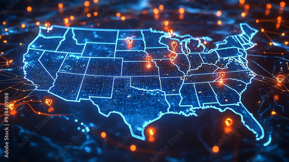 A high-tech, illuminated 3D map of the United States, showcasing various pinpoint locations across the country. The map is vibrant with blue lights highlighting the states' boundaries A high-tech, illuminated 3D map of the United States, showcasing various pinpoint locations across the country. The map is vibrant with blue lights highlighting the states' boundaries