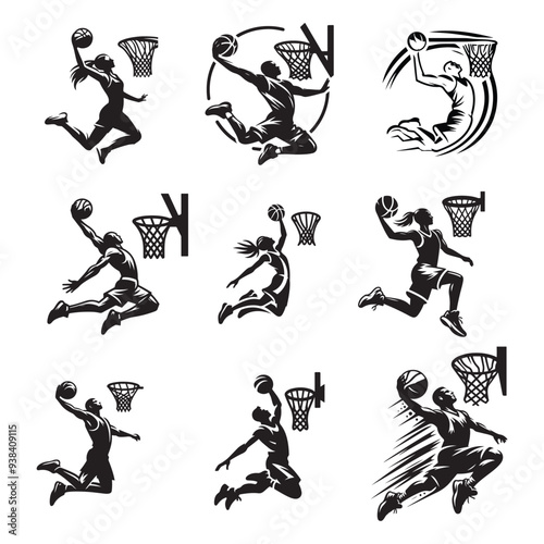 silhouette illustration of a basketball player performing a slam dunk