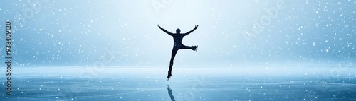 Silhouette of a figure ice skating on a frozen lake, with snow falling.