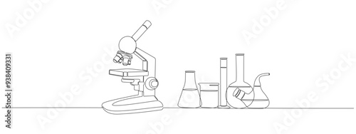 Drawing of one continuous line of microscope and laboratory flasks and test tubes. Single line style laboratory equipment. Concept of scientific and medical research . Vector editable illustration.
