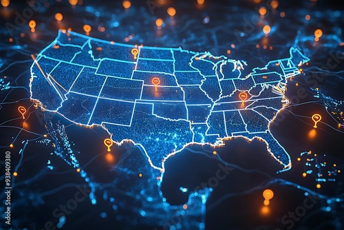  A high-tech, illuminated 3D map of the United States, showcasing various pinpoint locations across the country. The map is vibrant with blue lights highlighting the states' boundaries  photo