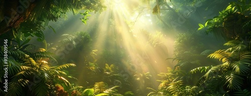 A vibrant jungle scene features lush green foliage, with sunlight beautifully illuminating this enchanting forest