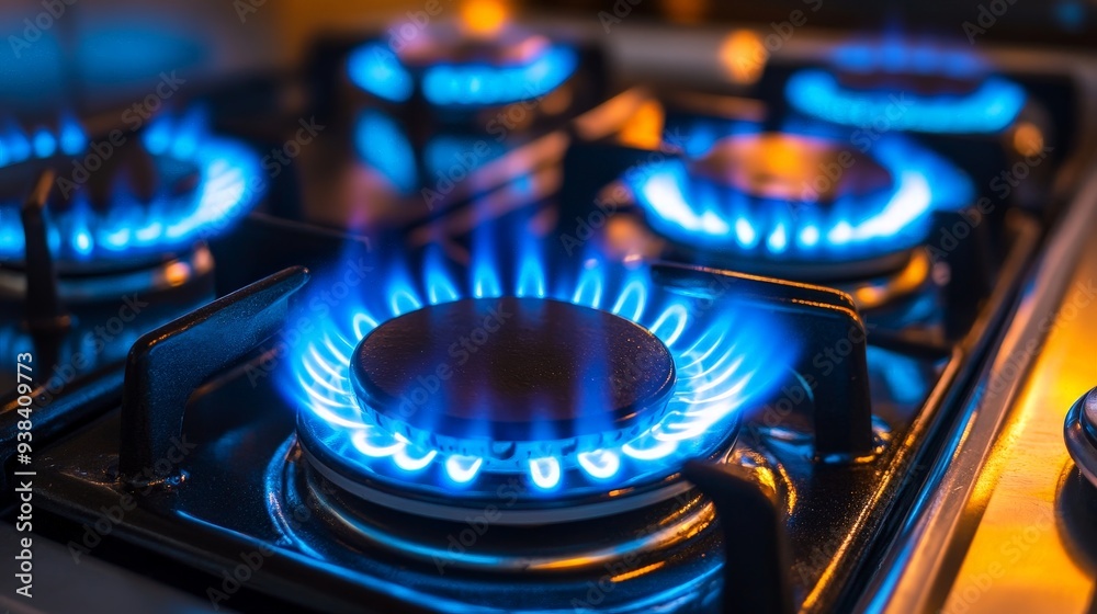 Close-Up of Gas Stove Burner with Vibrant Blue Flame Close-Up of Gas Stove Burner with Vibrant Blue Flame