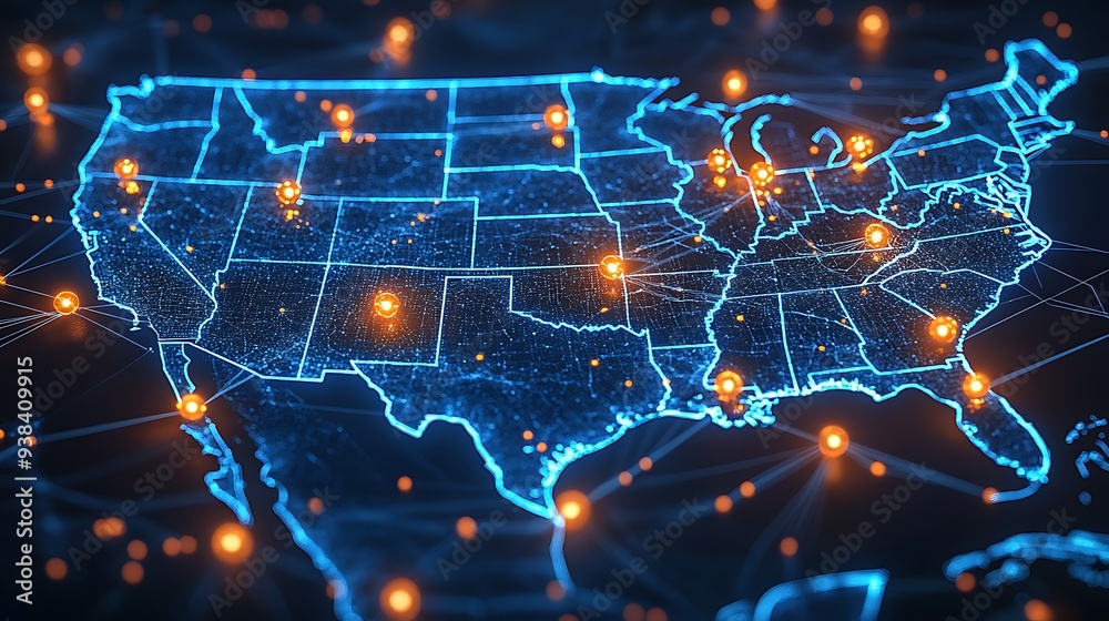 A high-tech, illuminated 3D map of the United States, showcasing various pinpoint locations across the country. The map is vibrant with blue lights highlighting the states' boundaries A high-tech, illuminated 3D map of the United States, showcasing various pinpoint locations across the country. The map is vibrant with blue lights highlighting the states' boundaries