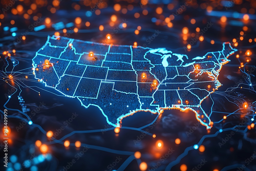  A high-tech, illuminated 3D map of the United States, showcasing various pinpoint locations across the country. The map is vibrant with blue lights highlighting the states' boundaries 
