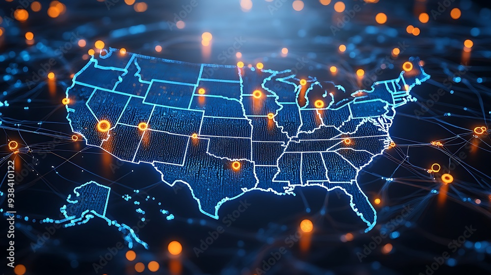 A high-tech, illuminated 3D map of the United States, showcasing various pinpoint locations across the country. The map is vibrant with blue lights highlighting the states' boundaries A high-tech, illuminated 3D map of the United States, showcasing various pinpoint locations across the country. The map is vibrant with blue lights highlighting the states' boundaries