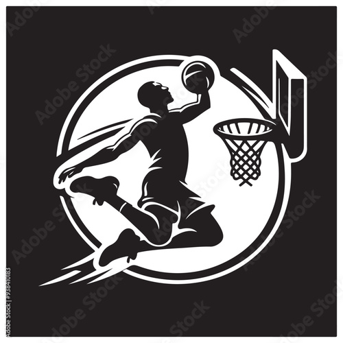 silhouette illustration of a basketball player performing a slam dunk