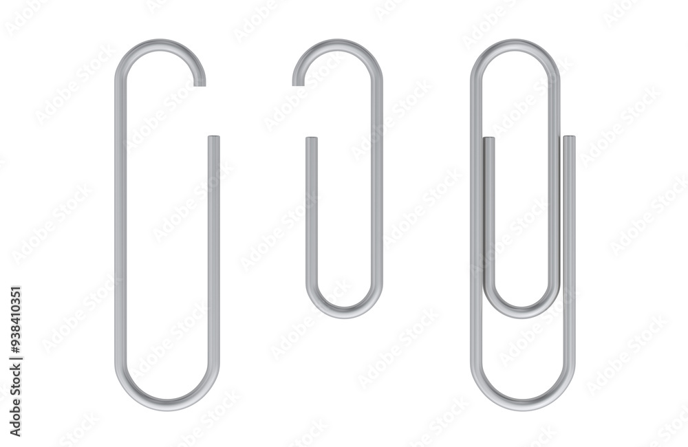 Paper Clips metallic on the sheet, 3D rendering isolated on transparent background