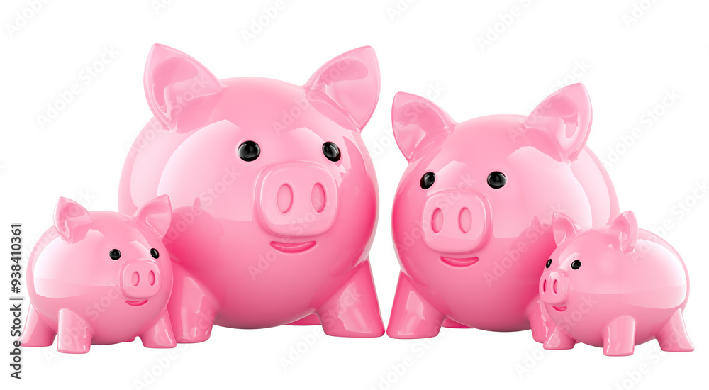 Piggy bank family. Family budget, concept. 3D rendering isolated on transparent background Piggy bank family. Family budget, concept. 3D rendering isolated on transparent background