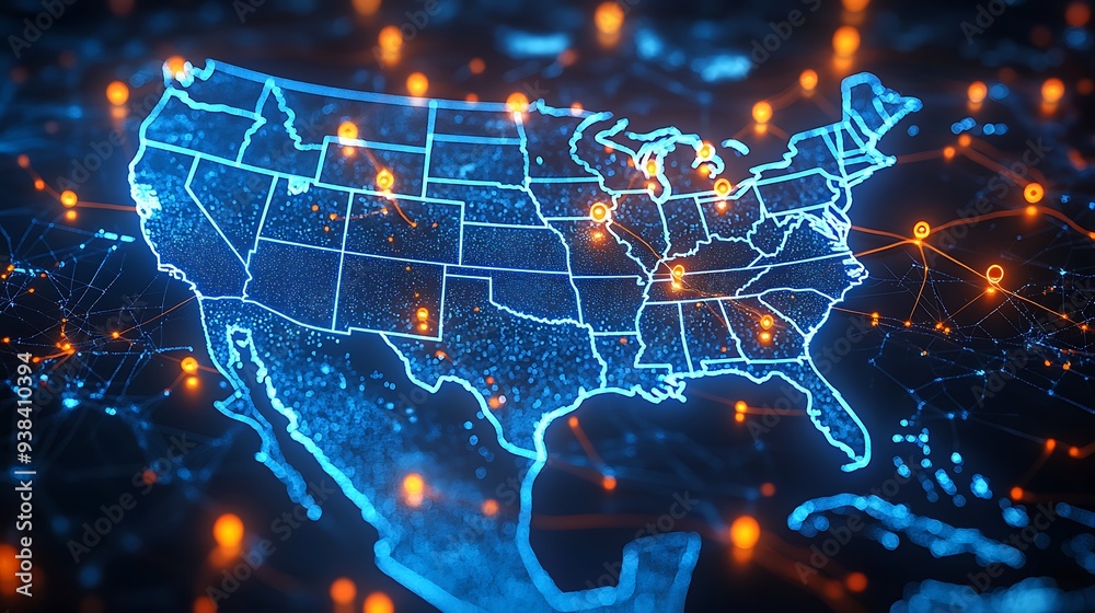 Fototapeta premium A high-tech, illuminated 3D map of the United States, showcasing various pinpoint locations across the country. The map is vibrant with blue lights highlighting the states' boundaries 
