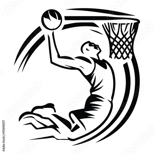 silhouette illustration of a basketball player performing a slam dunk