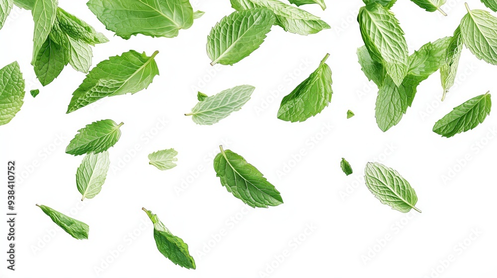 Fresh green mint leaves falling on a white background. Fresh green mint leaves falling on a white background.