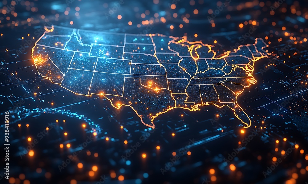 A high-tech, illuminated 3D map of the United States, showcasing various pinpoint locations across the country. The map is vibrant with blue lights highlighting the states' boundaries A high-tech, illuminated 3D map of the United States, showcasing various pinpoint locations across the country. The map is vibrant with blue lights highlighting the states' boundaries