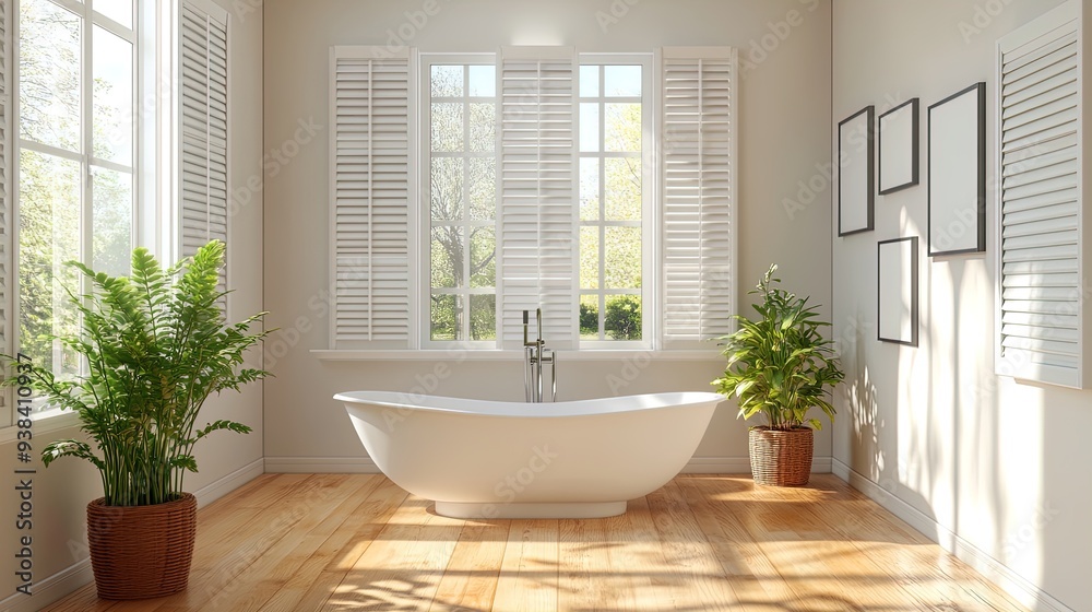 Transform Your Space: Bright and Airy Bathroom Poster Featuring a Modern Freestanding Bathtub and Natural Light for an Inviting Interior Design