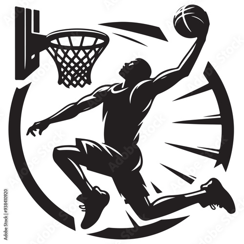 silhouette illustration of a basketball player performing a slam dunk