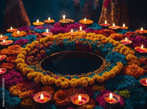 A grand Diwali feast featuring a variety of traditional dishes and vibrant decor photo