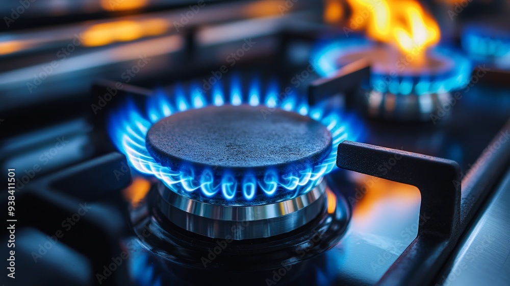 Close-Up of Gas Stove Burner with Vibrant Blue Flame Close-Up of Gas Stove Burner with Vibrant Blue Flame