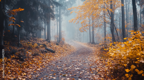 Footpath meandering through an autumn forest, shrouded in morning fog, creating a mystical atmosphere. 